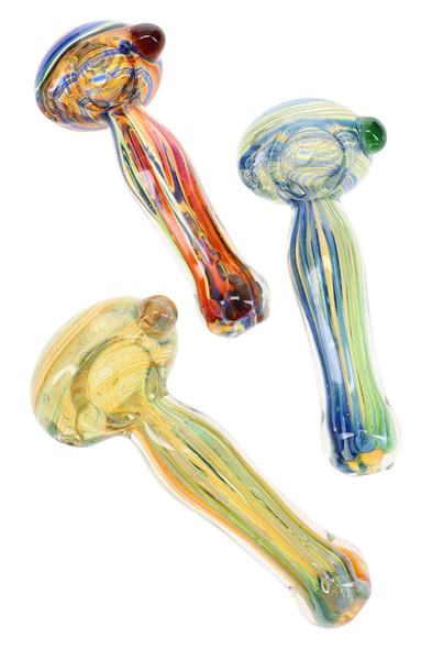 Assorted 4.5" silver fumed multicolor striped glass spoon pipes with colorful linework and side marble accents