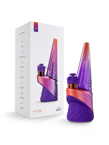 Puffco Peak Pro 3DXL Plasma e-rig beside white retail box with purple and ember device artwork