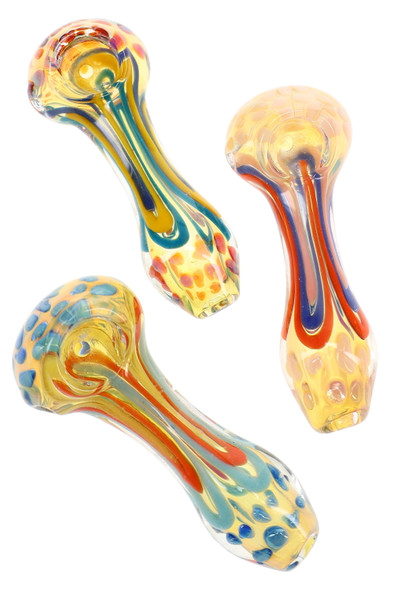 Assorted 4-inch color-changing glass spoon pipes with multicolor squiggle stripe pattern, raised dot accents, and rounded spoon bowls.