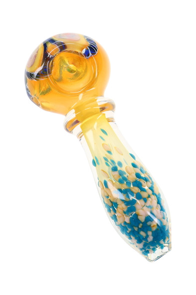 4-inch gold fumed glass spoon pipe featuring a decorative glass ring, multicolor frit handle, and colorful accented spoon bowl.