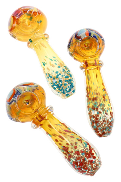 Assorted 4-inch gold fumed glass spoon pipes with colorful frit accents, decorative glass ring, and multicolor speckled handles.