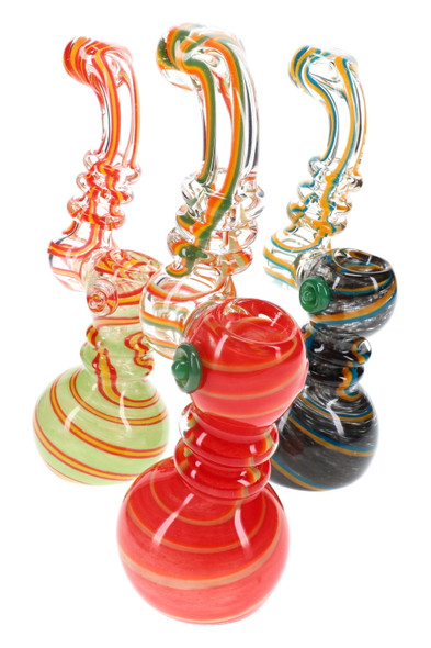 Assorted 7.5" swirl striped colorful frit clear glass Sherlock bubblers with decorative necks for retail glass displays