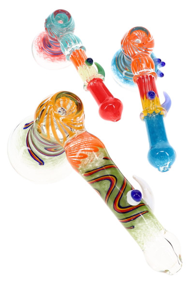 Assorted 8" colorful Rasta swirl frit clear glass hammer bubblers with glass spikes and eyeball marble accents