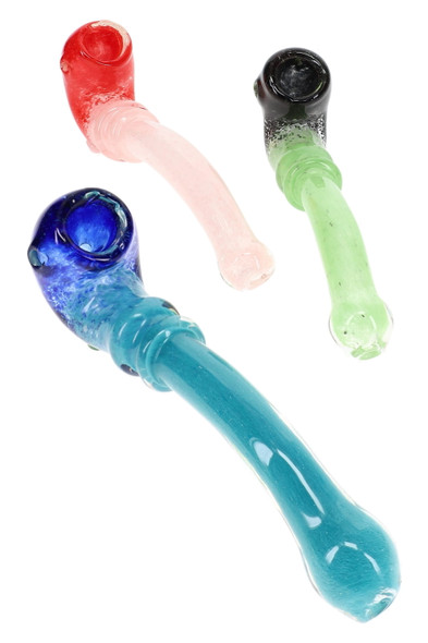 Three 6.5" frit Sherlock glass pipes in blue, pink, and green two-tone designs with raised glass ring accents