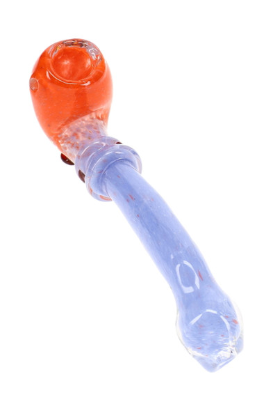 Orange and lavender 6.5" frit Sherlock glass pipe shown individually with a curved stem and raised glass rings