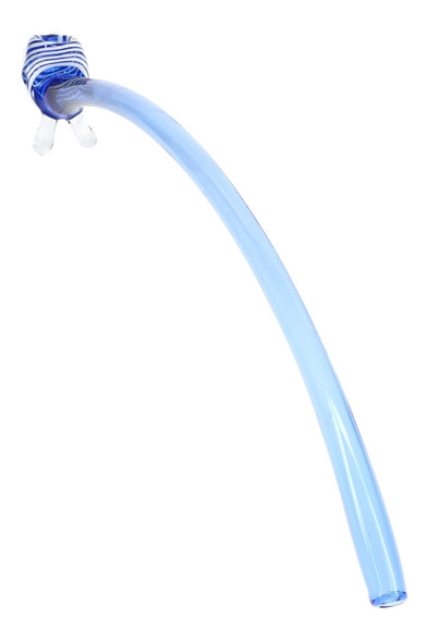 Light blue 17" glass Gandalf pipe with a curved stem, dark blue and white striped bowl, and clear glass feet