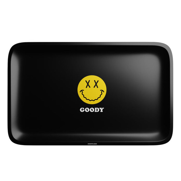 Black Goody metal rolling tray with a centered yellow crossed-eye smiley face and white GOODY logo