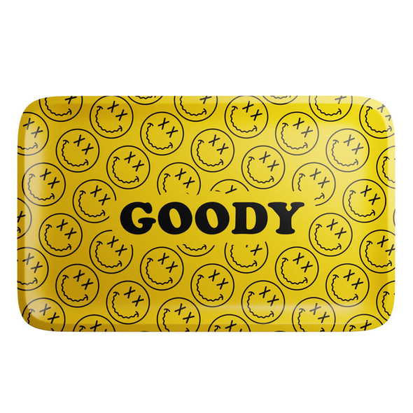 Yellow Goody metal rolling tray with repeating black smiley-face pattern and bold GOODY logo across the center