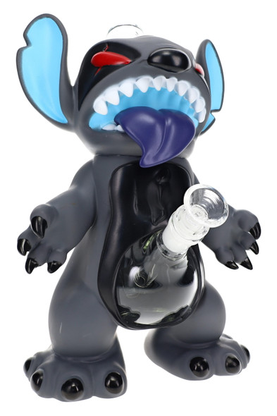 Black creepy creature water pipe shown front-facing with blue ears, clear glass chamber, bowl, and downstem