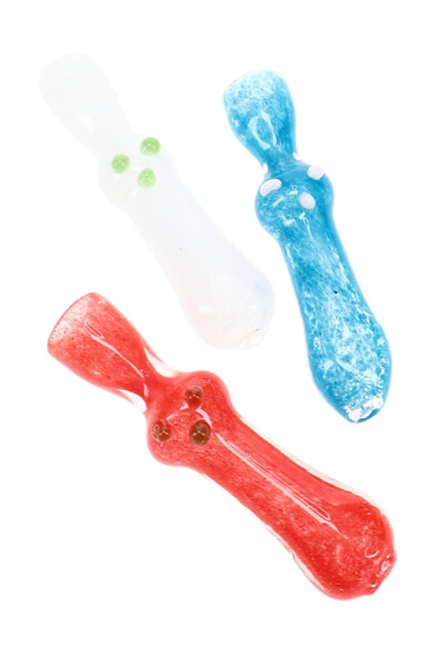 Assorted 3" frit glass chillums in red, blue, and white finishes with raised decorative marble accents for retail glass displays