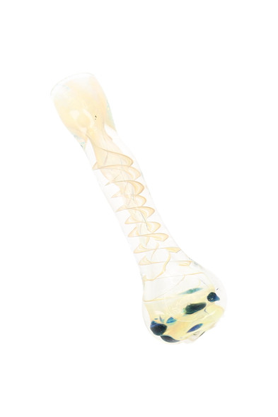 Clear 3" color-changing glass chillum with pale spiral linework and blue accent dots near the bowl