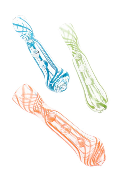 Three clear 3" glass chillums with blue, green, and coral swirl stripes and raised marble accents