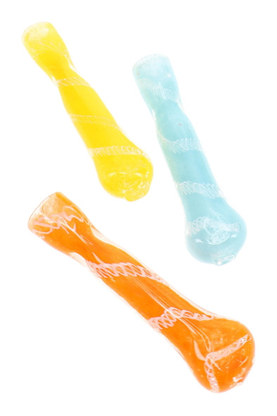 Three 3" frit glass chillums in yellow, aqua, and orange with contrasting white spiral stripe details