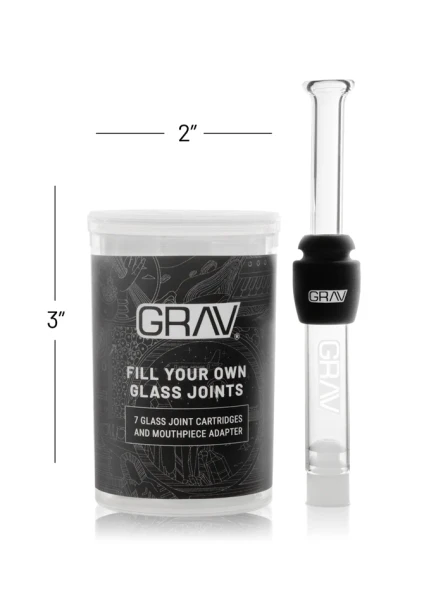 GRAV glass joint kit with 3-inch-high by 2-inch-wide carrying tube dimensions shown beside assembled mouthpiece