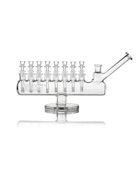 Clear borosilicate GRAV Menorah water pipe with eight 10 mm cup bowls on a round glass foot