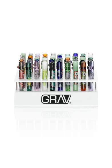 Front view of white GRAV display holding rows of assorted graphic 12 mm glass tasters with marble roll stops