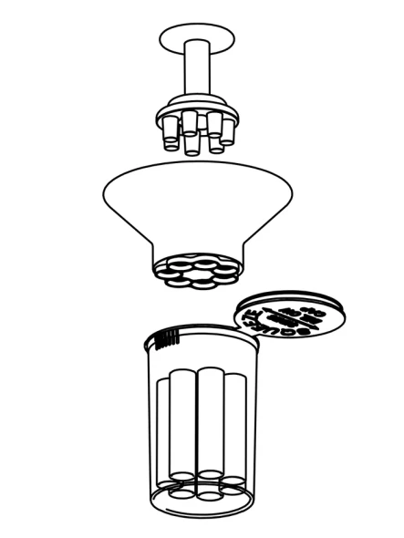 Line drawing showing the GRAV funnel and tamper aligned above seven glass cartridges in a carrying tube