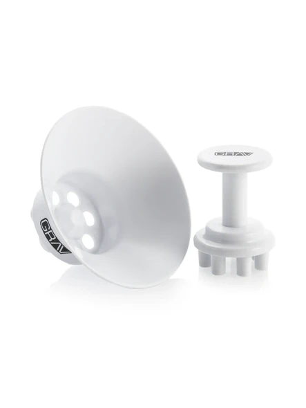 White GRAV 7-pack filling funnel and seven-prong tamper shown together on a white background