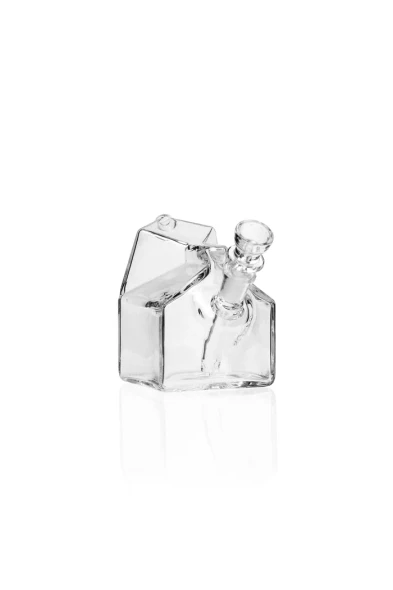 Clear GRAV milk carton pocket bubbler at a three-quarter angle with 10 mm cup bowl and peaked glass body