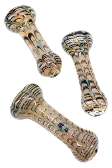 Three silver-fumed glass chillums arranged at different angles to show varied net-stripe patterns