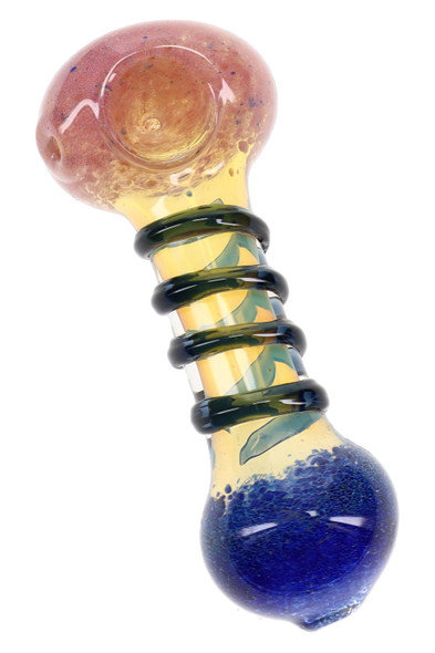 Single 5" glass spoon pipe with pink and blue frit ends, a clear stem, leaf detail, and dark wrapped glass coil