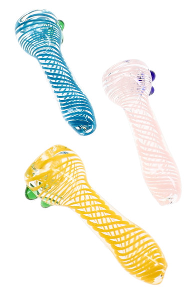 Three clear glass chillums with blue, pink, and yellow spiral stripes arranged to show assorted colors