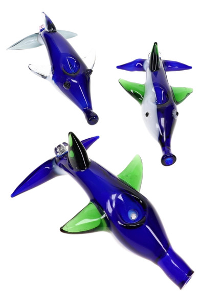 Three multicolored glass dolphin hand pipes shown from different angles with blue bodies and green or clear fins