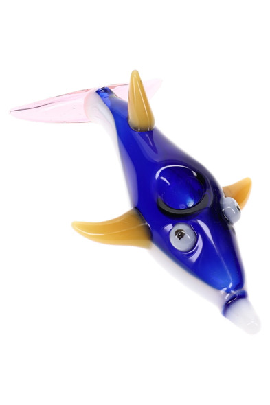 Blue glass dolphin hand pipe with yellow fins, pink tail, raised bowl, and sculpted animal details
