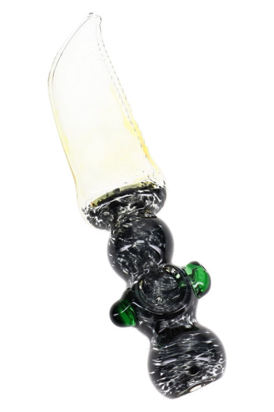 Black frit glass knife pipe with a clear curved blade, green side marbles, spoon bowl, and textured handle