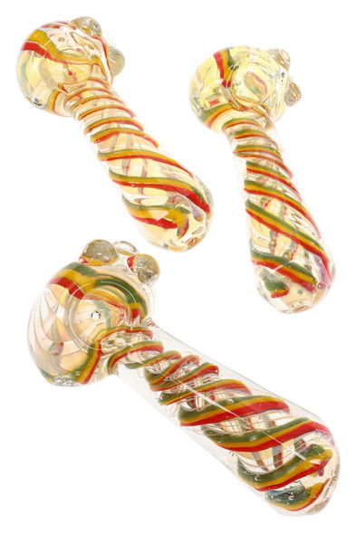 Three 5" clear glass spoon pipes with red, yellow, and green Rasta swirl stripes and raised glass marbles