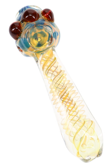 Single 5.5" color-changing glass spoon pipe with amber spirals, blue bowl detail, and three raised marbles