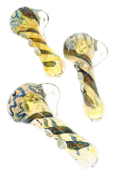 Three 5-inch color-changing glass spoon pipes with dichro spiral accents, clear raised spikes, blue glass detailing, and sculpted side loops.