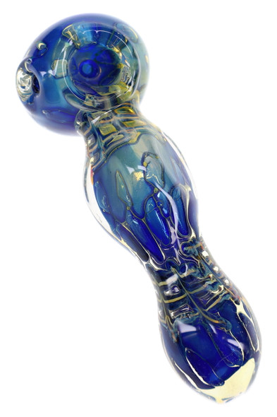 Close-up of a blue color-changing glass spoon pipe with rounded bowl, side carb, and abstract bubble pattern