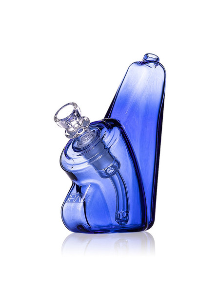 Angled view of cobalt blue GRAV Wedge bubbler highlighting ergonomic wedge design and clear glass bowl
