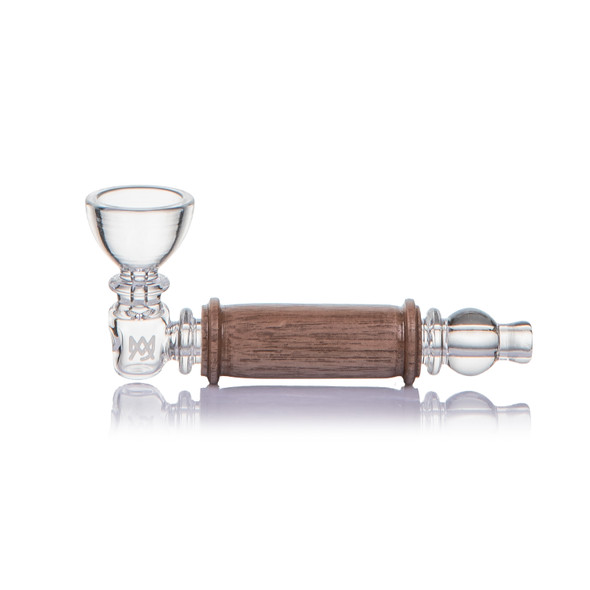 MJ Arsenal Alpine Creek hand pipe with clear borosilicate glass and warm black walnut accents on white