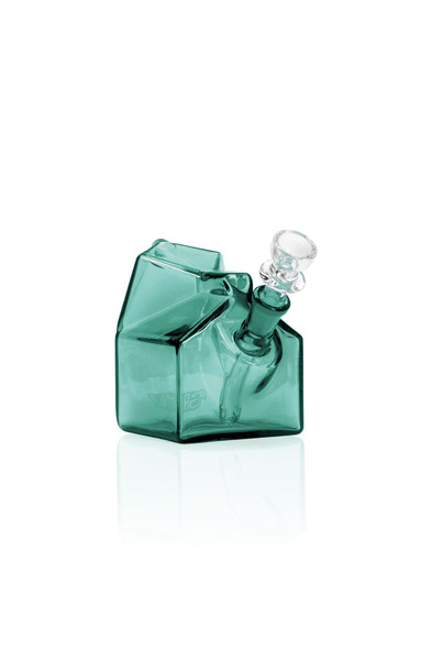 Angled lake green GRAV Milk Carton Pocket Bubbler highlighting its square base, carton-shaped body, and glass spout