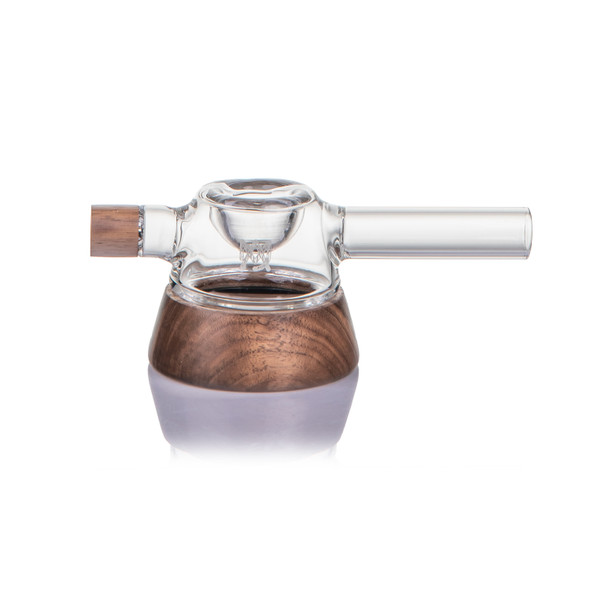 MJ Arsenal Base Camp clear glass hand pipe shown from the side with a wide black walnut base