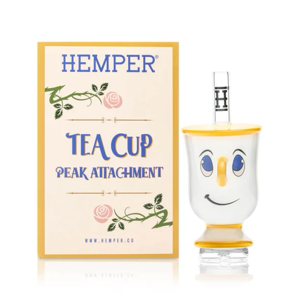 Hemper Tea Cup Peak glass attachment displayed beside its branded retail box on white