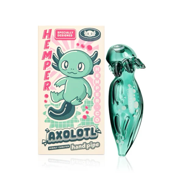 Hemper green axolotl glass hand pipe displayed beside its branded retail box on a white background