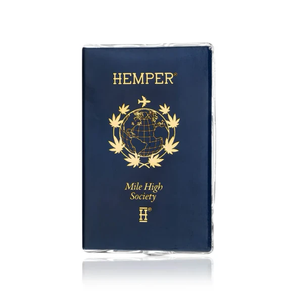 Passport-themed Hemper borosilicate glass hand pipe shown alone against a clean white background
