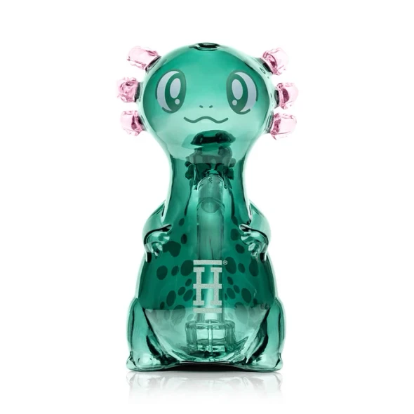 Translucent green Axolotl XL glass bong with pink external gills shown from a front angle