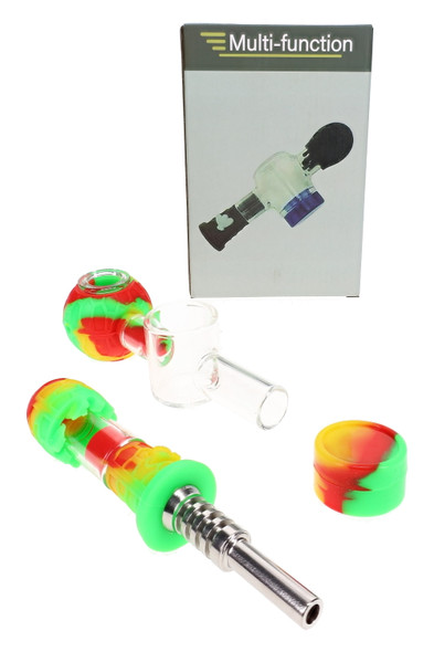 Red, yellow, and green multi-function silicone and glass dab straw kit with removable glass hand pipe body, silicone jar, and retail gift box.
