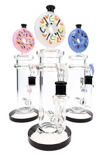 Side view of 6B Glass donut inline perc water pipe featuring colored glass accents and a 14.5 mm female glass-on-glass connection.
