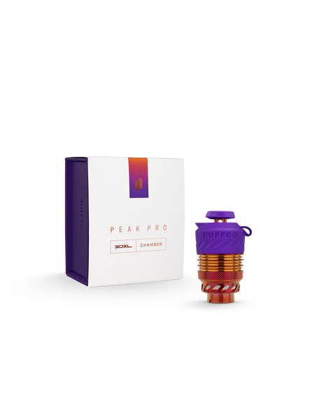 Puffco Plasma Peak Pro 3DXL Chamber with dark cap, metallic body, and iridescent accent details