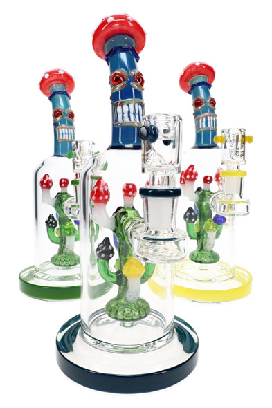Assorted 10-inch 6B Glass mushroom monster water pipes with showerhead percolators, colorful mushroom accents, curved silver fumed necks, and quartz bangers.
