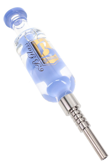 Blue 7.5" 6B Glass fluid-filled dab straw featuring a transparent liquid-filled body and stainless steel tip.