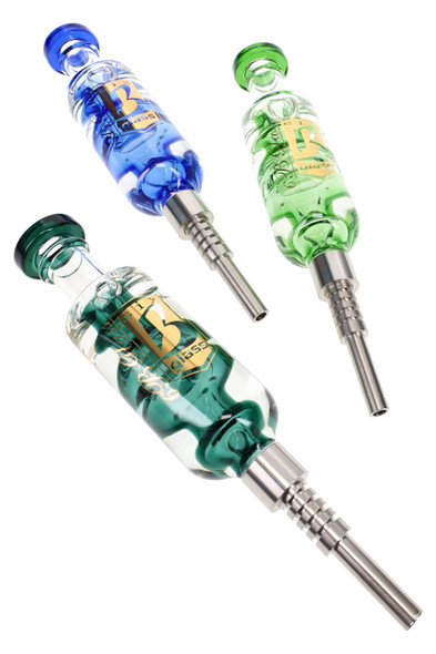 Assorted 7.5" 6B Glass fluid-filled dab straws in blue, green, and teal with removable metal tips.