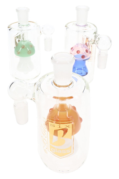 Assorted 14.5 mm 6B Glass mushroom ash catchers with colorful internal mushroom designs in orange, blue, green, and pink.
