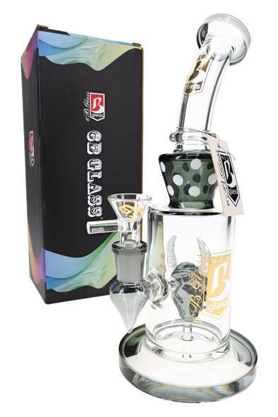 ark gray accented 6B Glass devil perc water pipe with bent neck, 14.5 mm female joint, matching bowl, branded retail box, and hang tag.