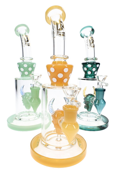 Assorted 9.5-inch 6B Glass stemless water pipes with bent necks, devil-themed stemline percolators, colored glass accents, and matching glass bowls.